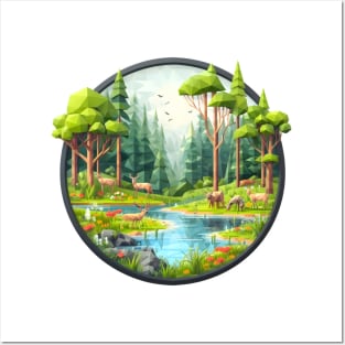 Low Poly Forest with River and Animals Posters and Art